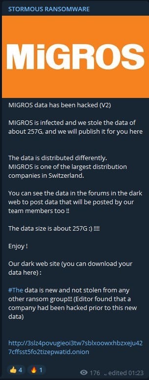 Migros Data Claimed Obtained by Stormous Threat Actors