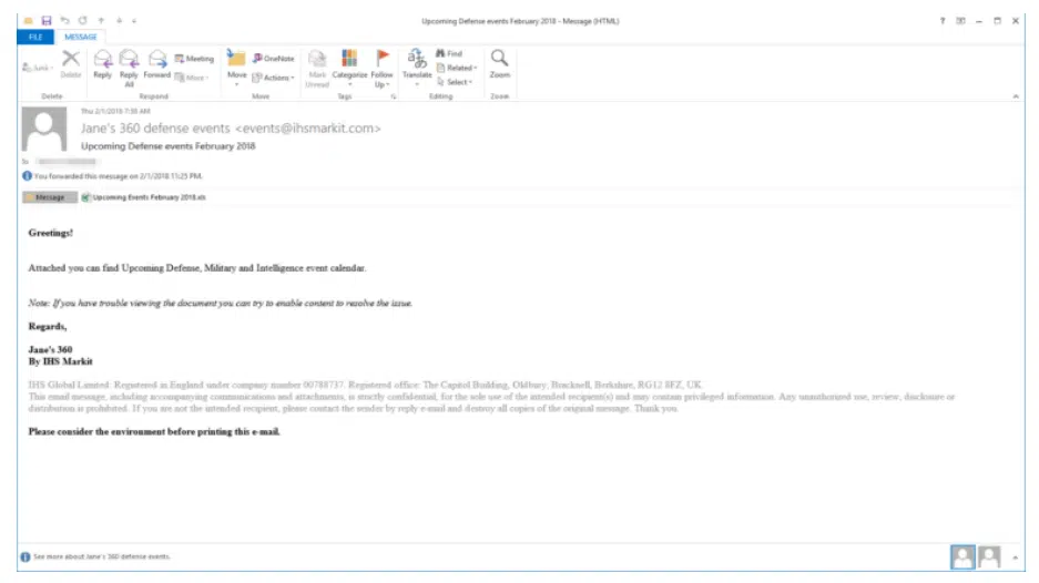 spear phishing email used in attack campaign