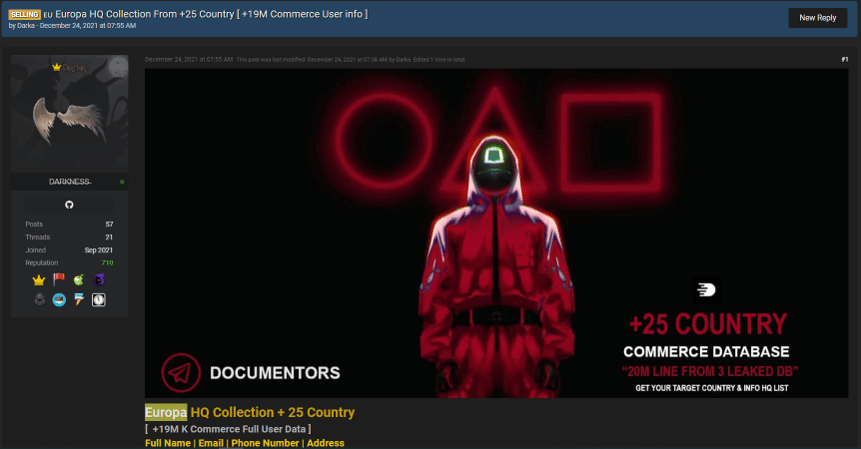 Figure 1: Screenshot from a website where Darka sells databases belonging to European countries