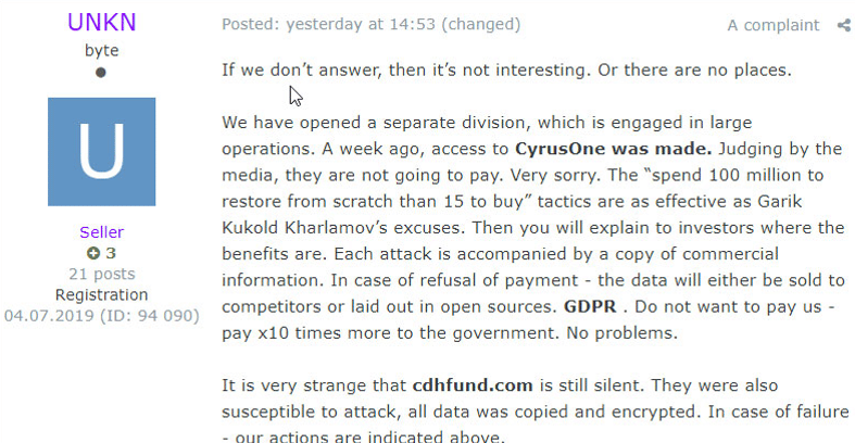 Figure 8: Revil warned that they would release data stolen from victims if payment is not made.[27]
