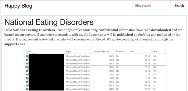 Figure 7: Revil Group’s “Happy Blog” Listing Compromised Companies and Data Dumps [26]
