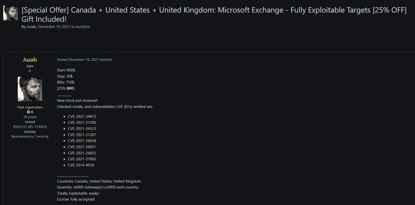 Figure 3: An offer from the  threat actors named Juzab  