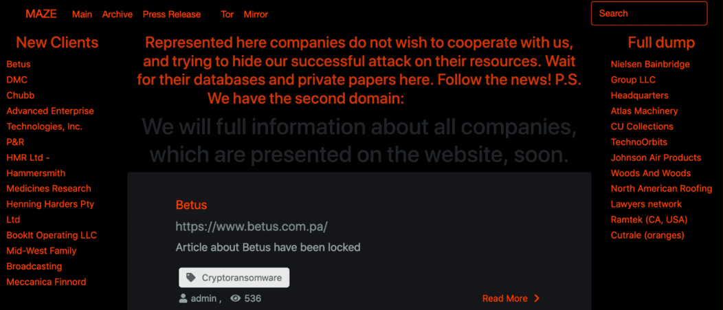 Figure 6: Maze Web Page Listing Compromised Companies and Data Dumps [25]
