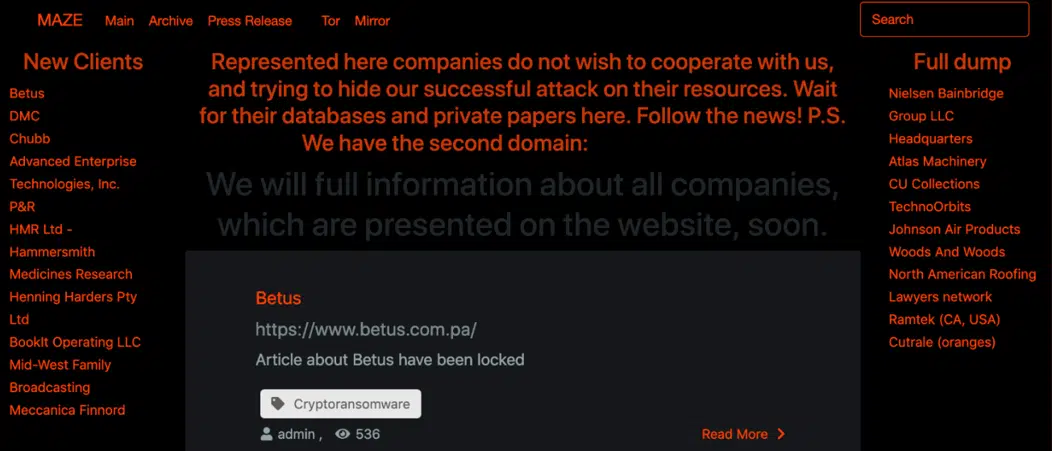 maze ransomware group website