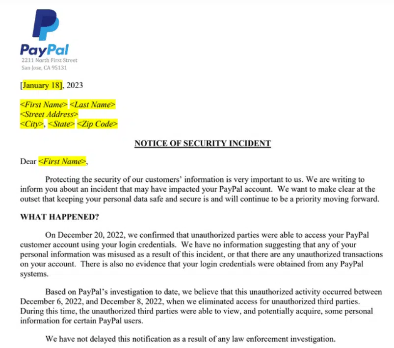 paypal data breach security note