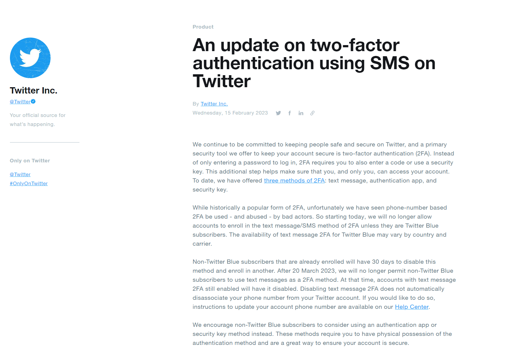 Figure 1: Twitter announcement about SMS-based two-factor authentication (2FA)