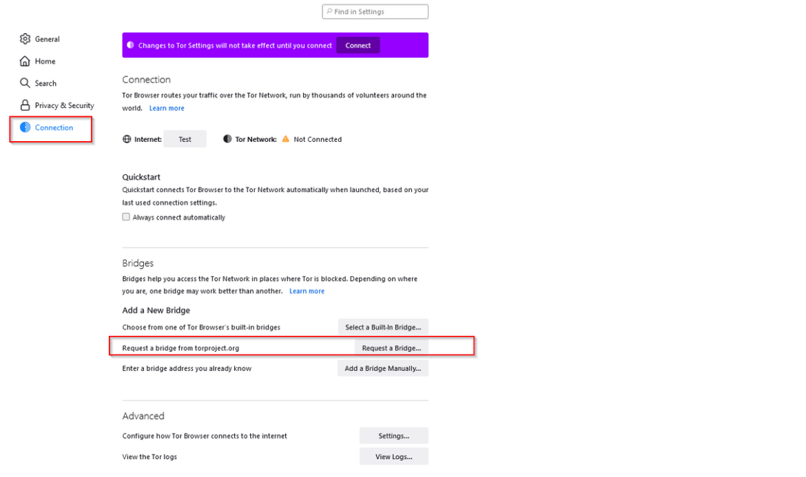 bridge connection for tor