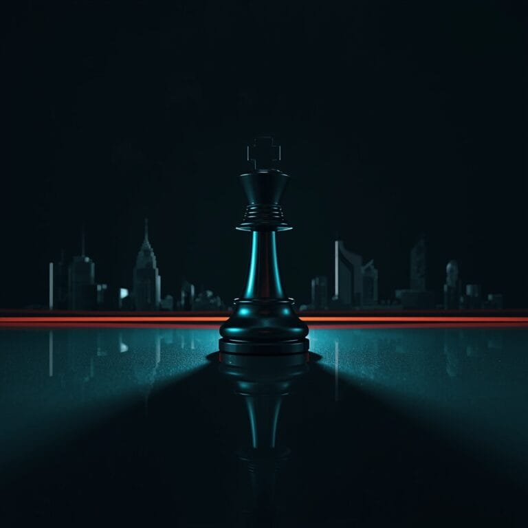 Strategic chess king on a dark cityscape background representing leadership and dominance in brandin.
