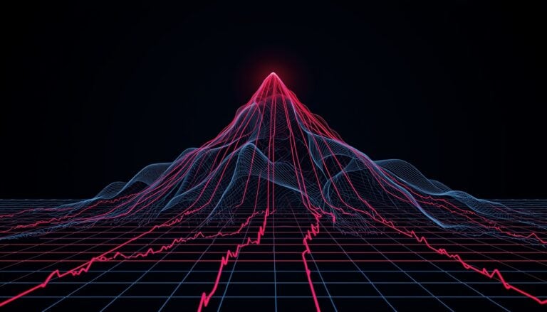 Digital data trend visualization with neon lines and grid, representing brand protection analytics.