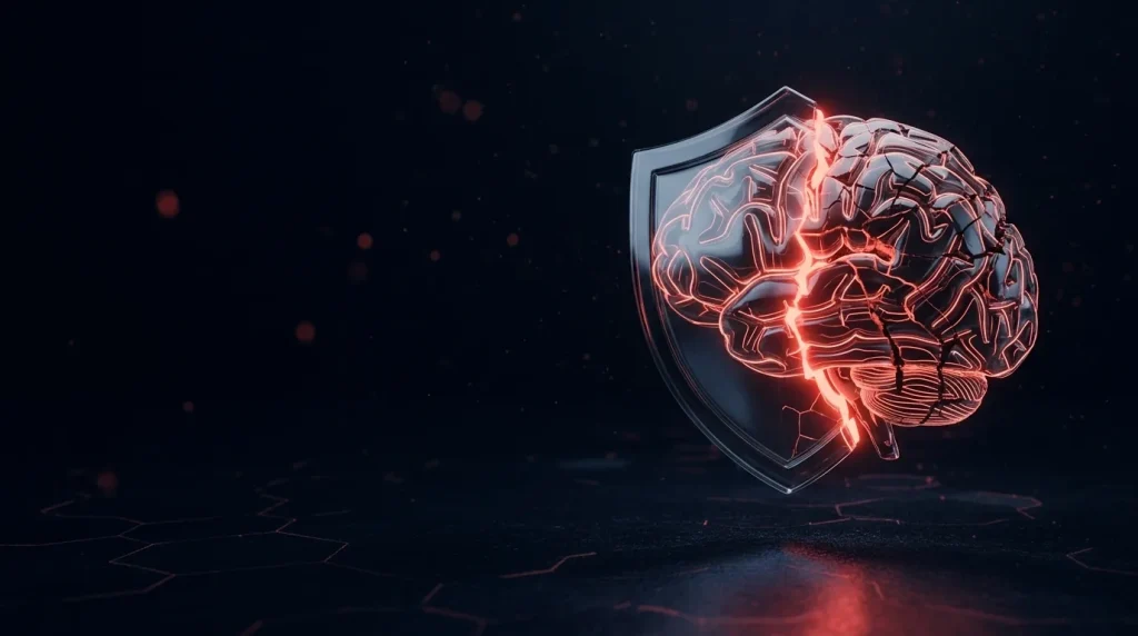 Dark glass half-shield brain with red neon lines, cover art for: The Future of AI in Cybersecurity: Benefits and Risks