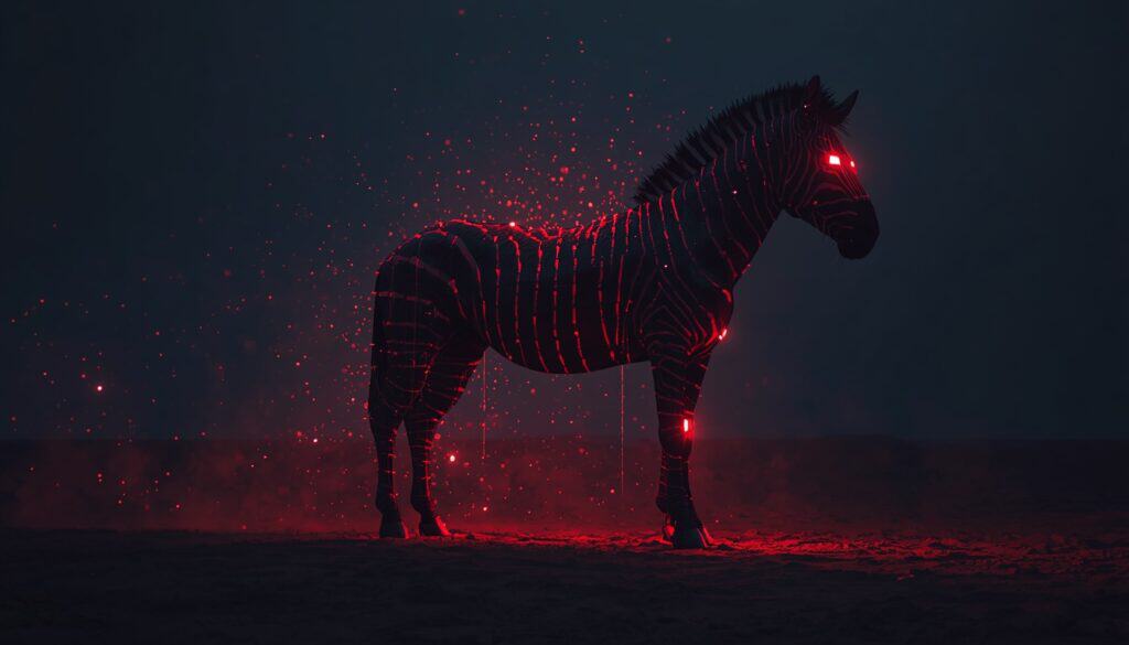 Zebrocy Malware Technical Analysis Report 1 Neon-lit horse with glowing red accents, digital art, dark background, sci-fi theme, high-tech desig.