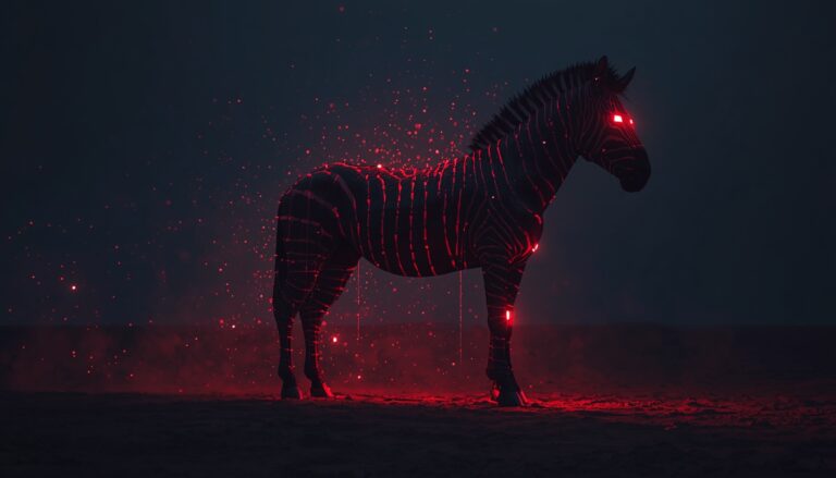 Neon-lit horse with glowing red accents, digital art, dark background, sci-fi theme, high-tech desig.