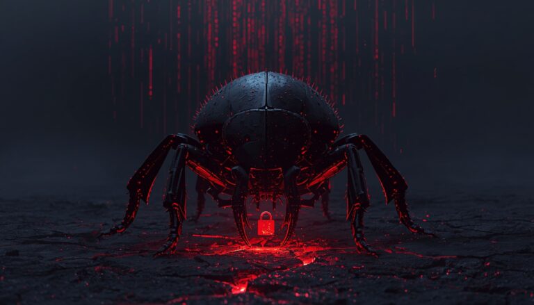 Digital cyber attack concept with a robotic insect and red data streams.