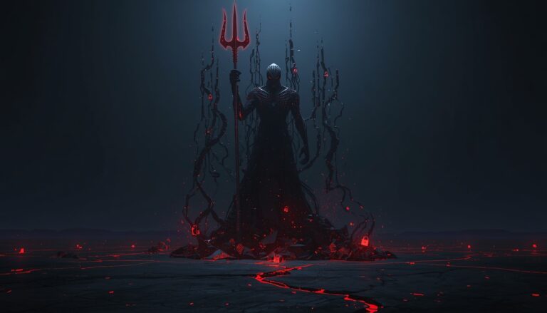 Dark sorcerer holding a trident with glowing red accents in a dark fantasy setting.