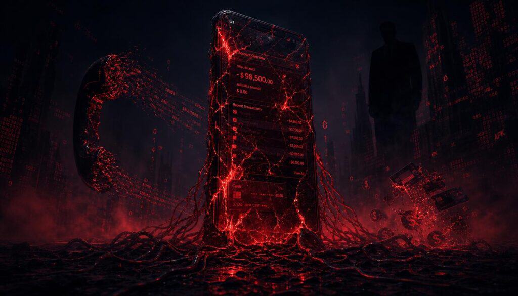 Secure digital data protection concept with glowing red digital network and cityscape background.