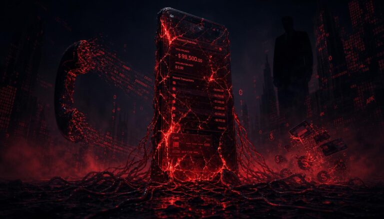 Secure digital data protection concept with glowing red digital network and cityscape background.
