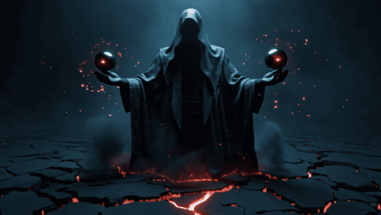 Dark sorcerer with glowing orbs casting powerful magic over cracked ground, symbolizing digital secu.
