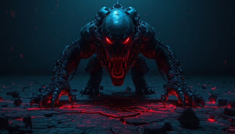 Menacing creature with glowing red eyes and sharp teeth in a dark, fiery environment.
