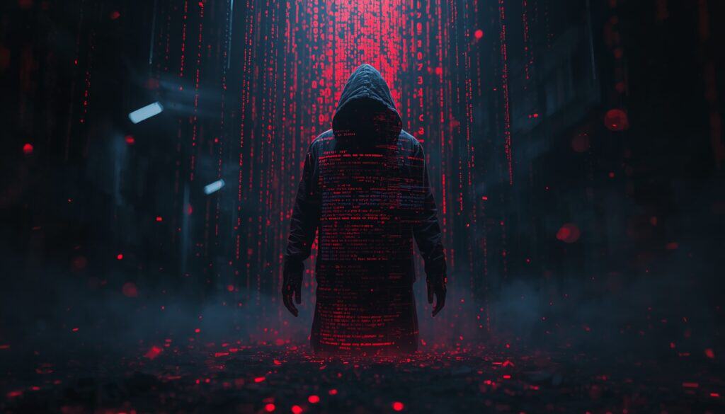Hacker in a dark hoodie surrounded by red digital code, representing cybersecurity threats and hacki.