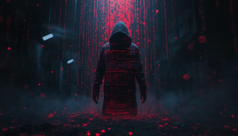 Hacker in a dark hoodie surrounded by red digital code, representing cybersecurity threats and hacki.