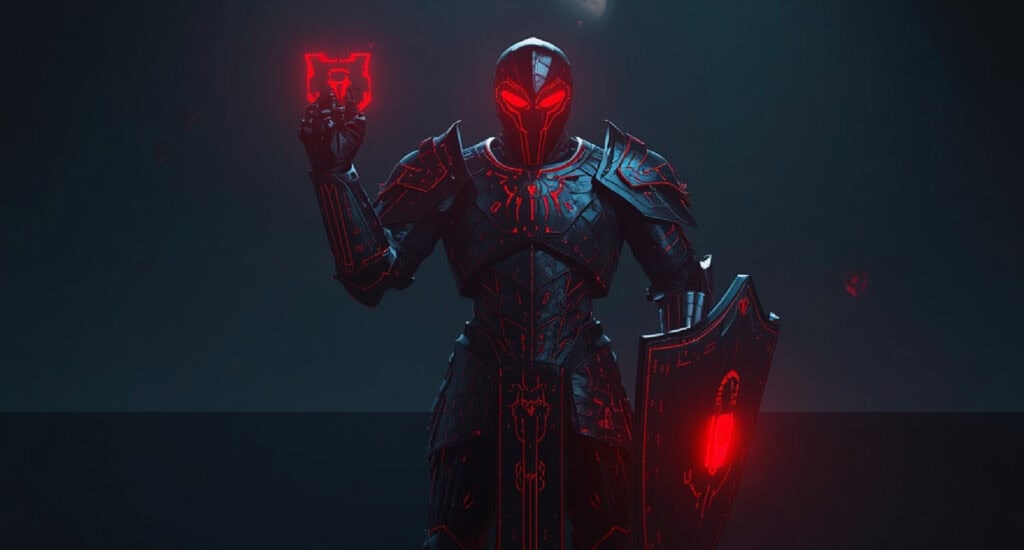 High-tech futuristic warrior in dark armor with glowing red accents and a shield, representing cyber.