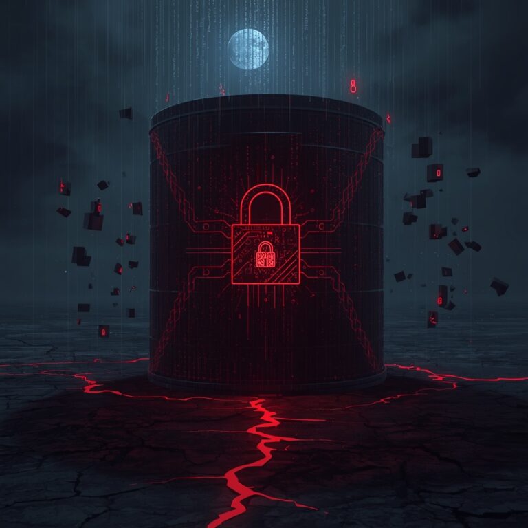 Data security concept with digital lock and glowing red circuit lines on a dark background.