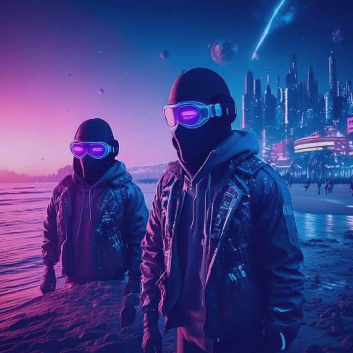 High-tech futuristic scene with two individuals wearing neon-lit VR goggles and dark clothing on a s.