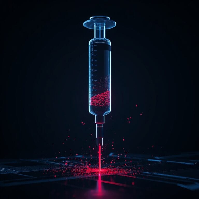 Modern vaccine syringe with red liquid, glowing in dark background.