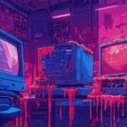 Stylized DEF CON-themed computer systems melting in a neon-lit control room