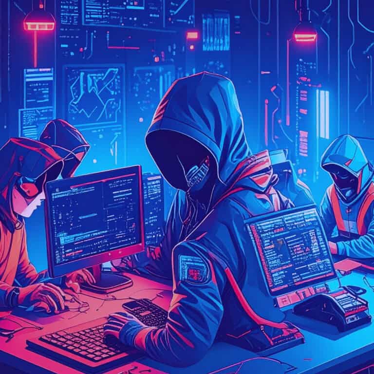Hacker in a dark hoodie working on cybersecurity in a high-tech digital environment.