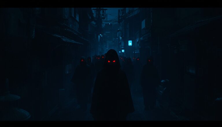 Dark urban street scene with shadowy figures and glowing red eyes, highlighting cybersecurity threat.