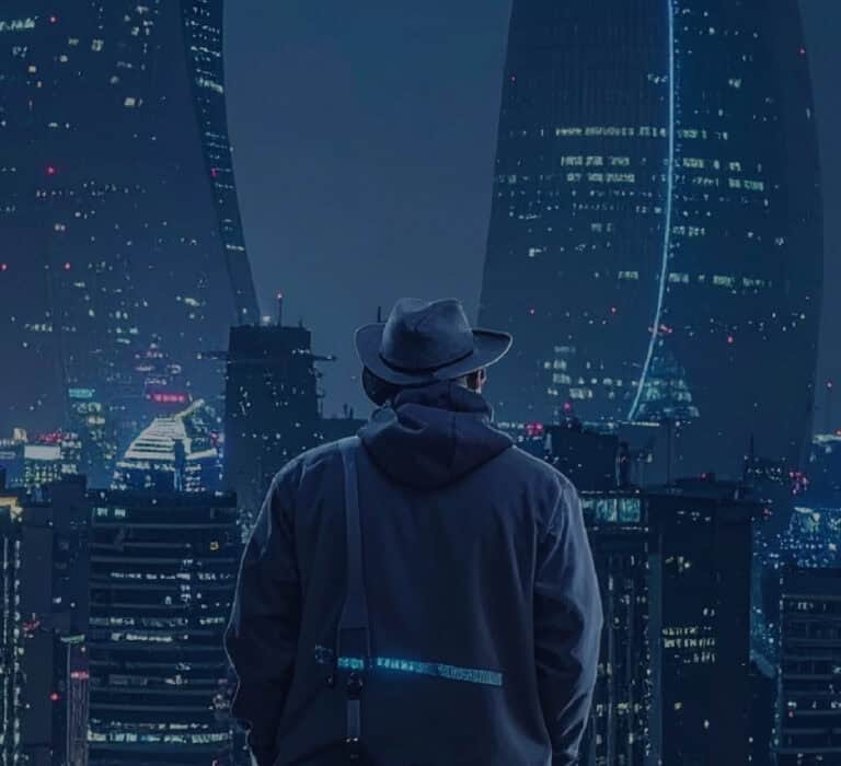 High-tech cityscape at night with a person in a hoodie and hat overlooking skyscrapers.