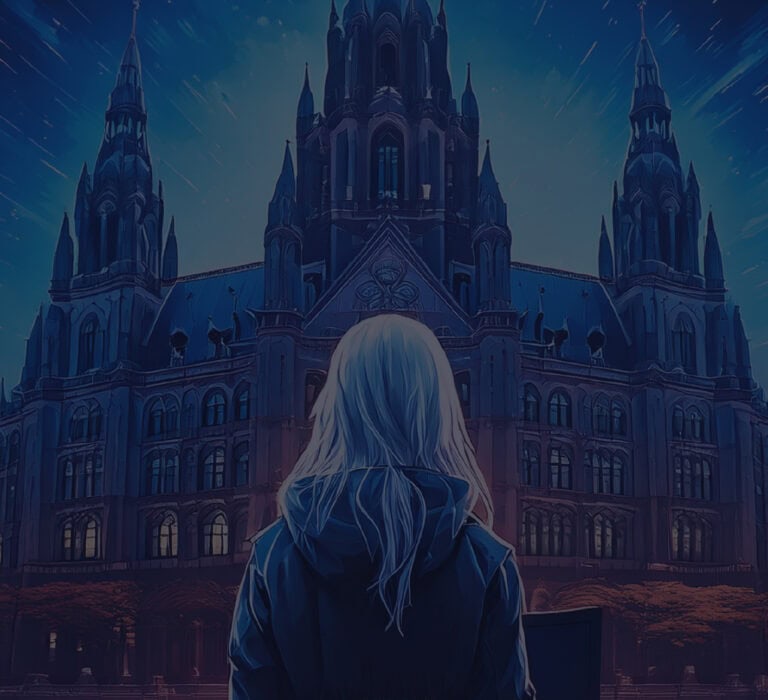 Night scene of a fantasy castle illuminated with vibrant lights, viewed by a woman with long hair.