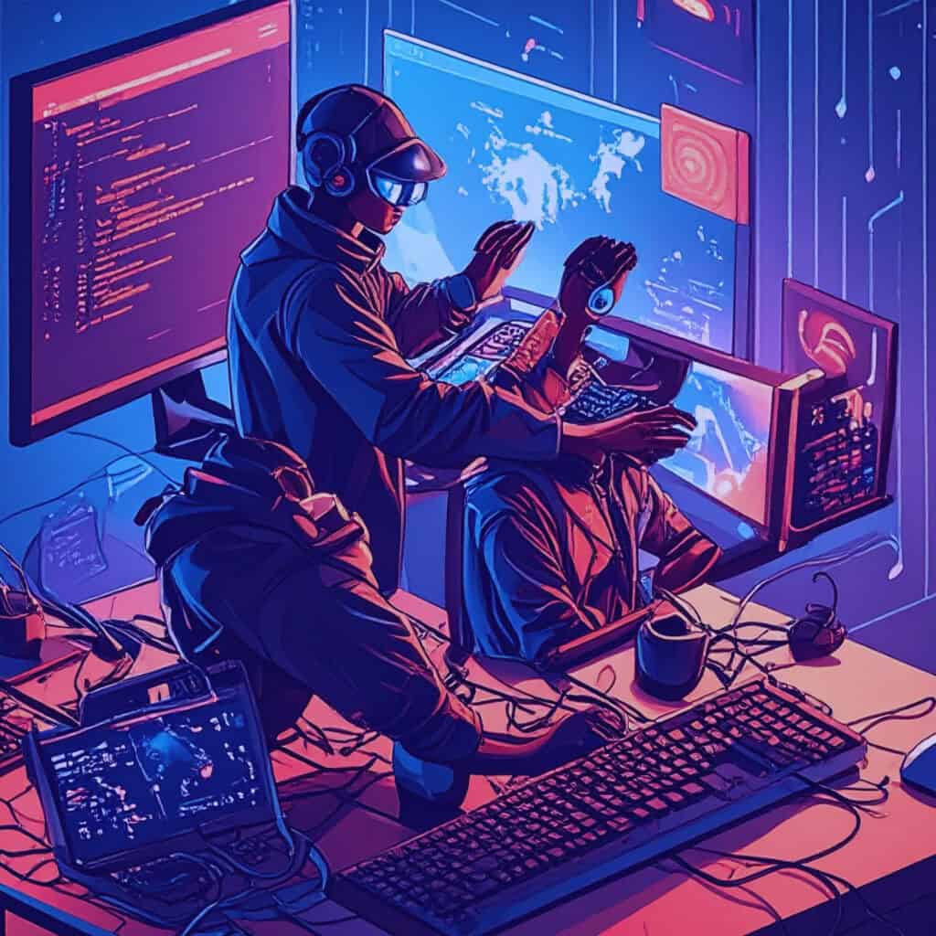 Advanced cybersecurity team monitoring digital threats on multiple screens.