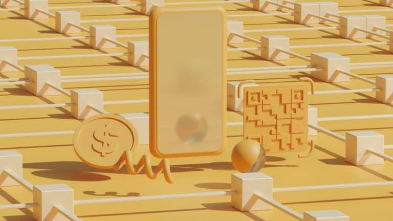 Secure digital technology and data protection concept with smartphone, blockchain, and security icon.