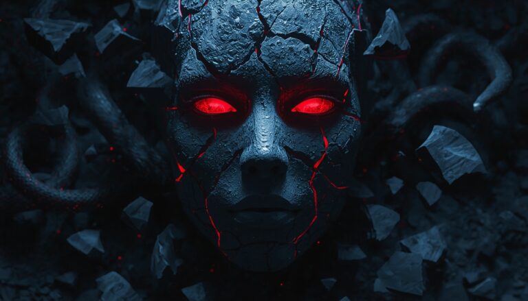 Digital security concept with a cracked robotic face and glowing red eyes.