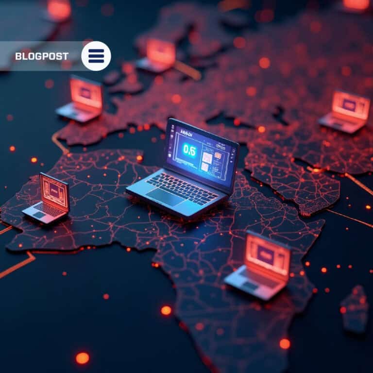 Cybersecurity and digital protection concept with laptops on a world map, highlighting online securi.