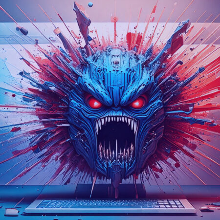 Illustration of a digital threat symbolizing cybercrime as a service emerging from a computer