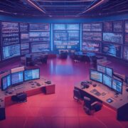 A modern cybersecurity command center with multiple screens monitoring data and digital threats