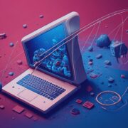 A conceptual digital artwork showing a phishing hook pulling data from a laptop screen