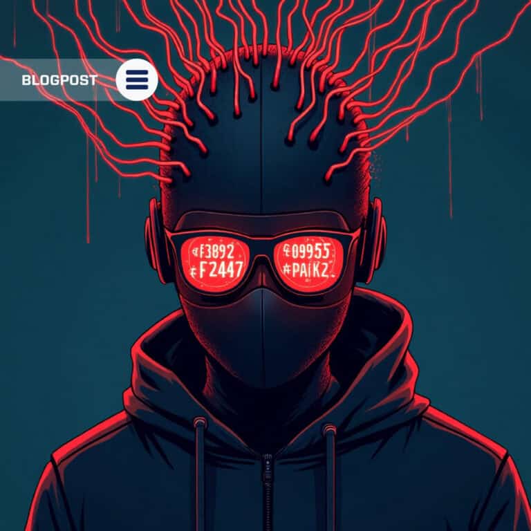 Cyber threat illustration showing hacker with red digital codes in glasses