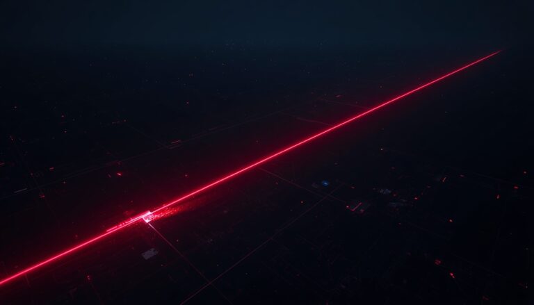 Bright red laser beam cutting through the dark night sky with city lights below.