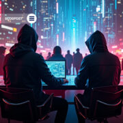 Cybersecurity blog cover showing hackers in hoodies analyzing data in a digital city environment
