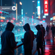 Hackers in hoodies analyzing cyber threats on digital data streams in a futuristic city