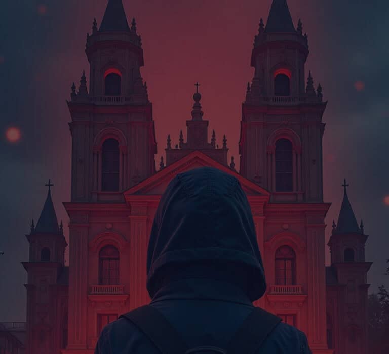 Mysterious person with hood facing a historic church during sunset, symbolizing security and protect.
