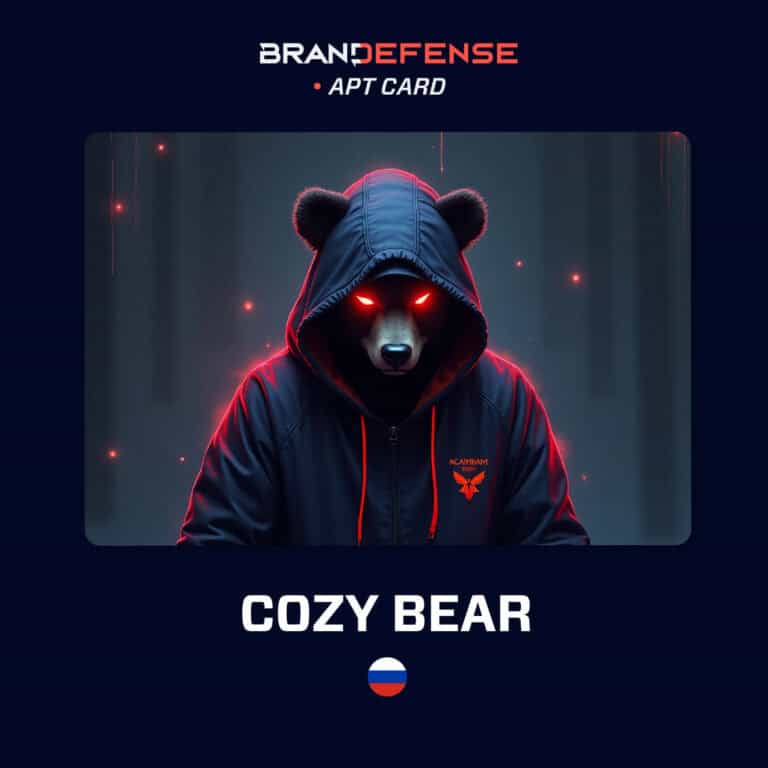 Illustration of Cozy Bear (APT29) cyber espionage group symbolized as a bear in a hoodie with glowing red eyes.