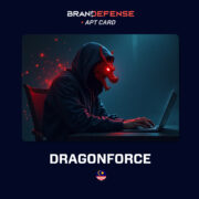 Illustration of DragonForce ransomware hacker with red dragon mask and dark hoodie