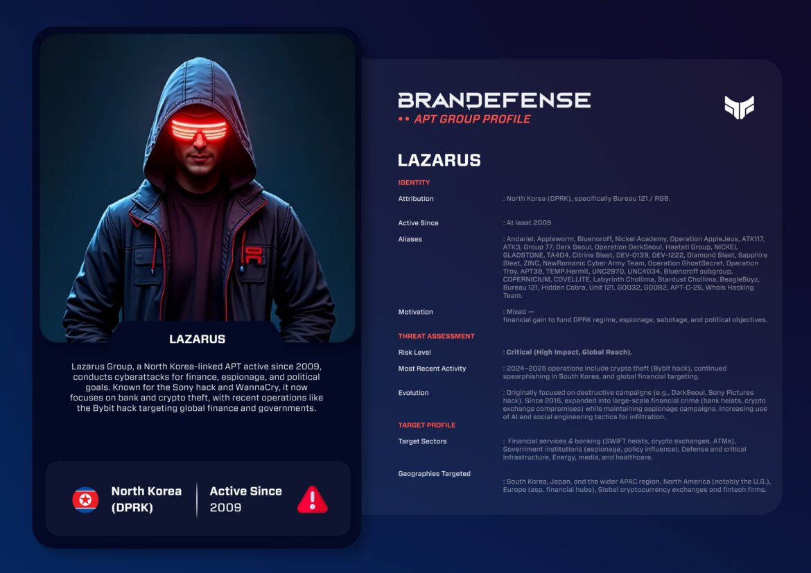 The Lazarus Group: Espionage, Sabotage, and Cybercrime Under One Umbrella 1 Cyber threat actor Lazarus Group profile card showing a hooded hacker with red glowing glasses representing North Korea–linked APT information.