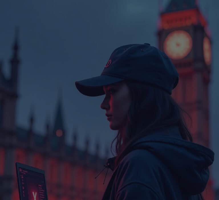 Young woman using a tablet near Big Ben, focusing on cybersecurity and digital protection.