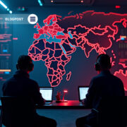 Analysts monitoring global cyber activity with a focus on the MENA region highlighted in red on a digital map.